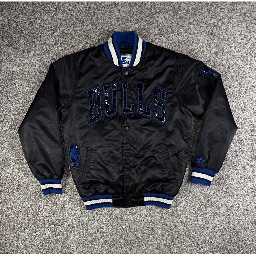 Starter Chicago Bulls Black Blue Bomber Jacket Men's Size Medium